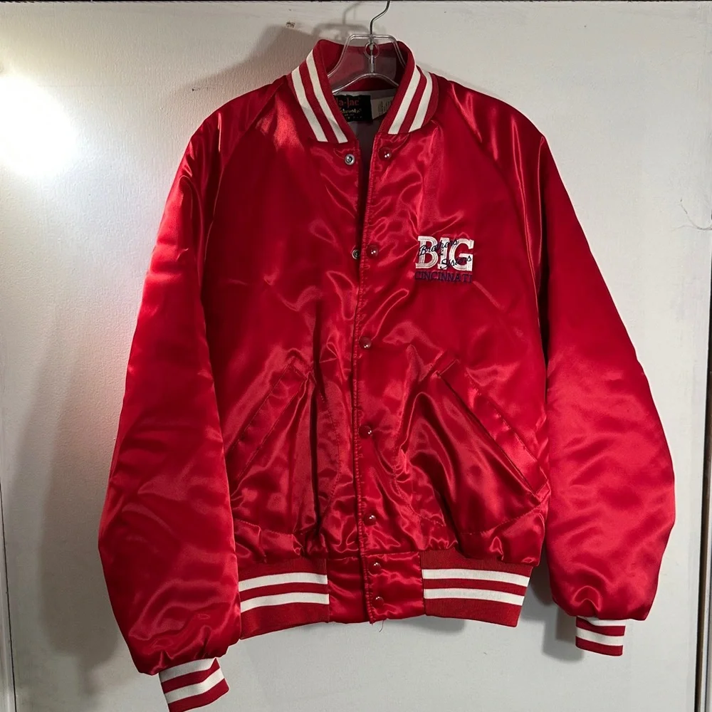 Pla-Jac Dunbrooke Red Satin Varsity Jacket Men’s sz Medium Cincinnati - Picture 1 of 6